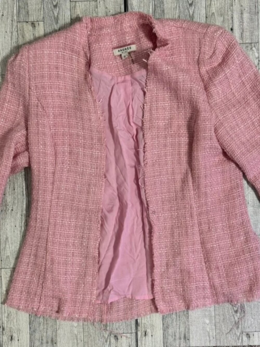 Andree by Unit Pink Raw Fringe Trim Tweed Open Front Jacket Blazer S